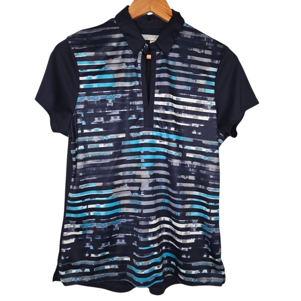 Callaway Womens Opti Dri Navy Blue Striped Print Golf Polo Shirt Size Large